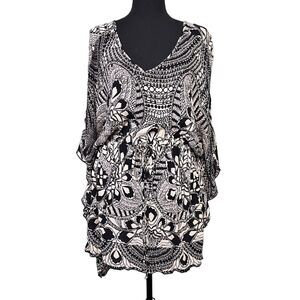 Angie Size M Black/Ivory‎ Beach Cover Up Tie Draw Waist V-neck Poncho Style